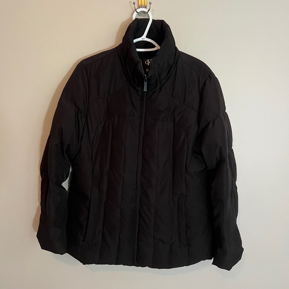 Calvin Klein Black Down Puffer Jacket Womens Large Quilted Full Zip Coat